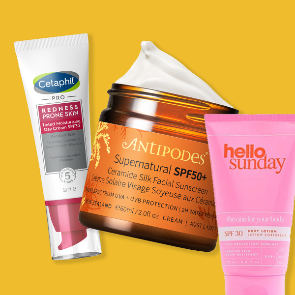 Moisturisers with SPF on a yellow background