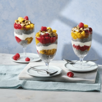 mango chia pudding - layered chia pudding with raspberries and mango