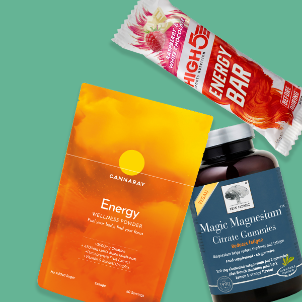 Selection of fatigue products on a blue background