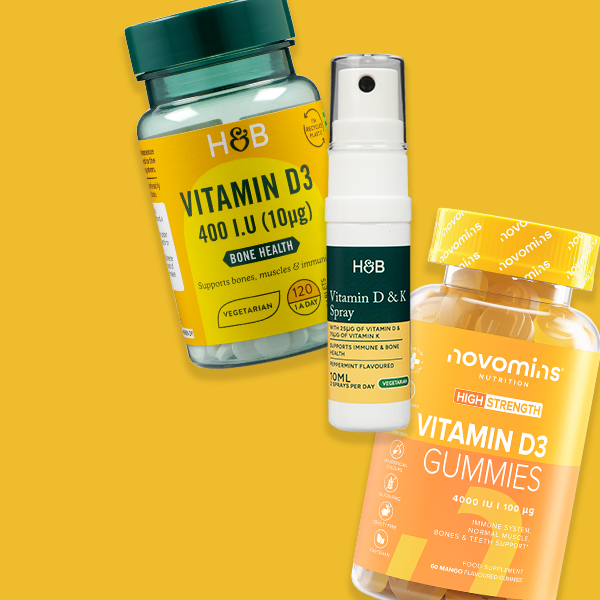 Selection of vitamin d products on yellow background