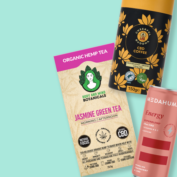 Selection of CBD products on a green background