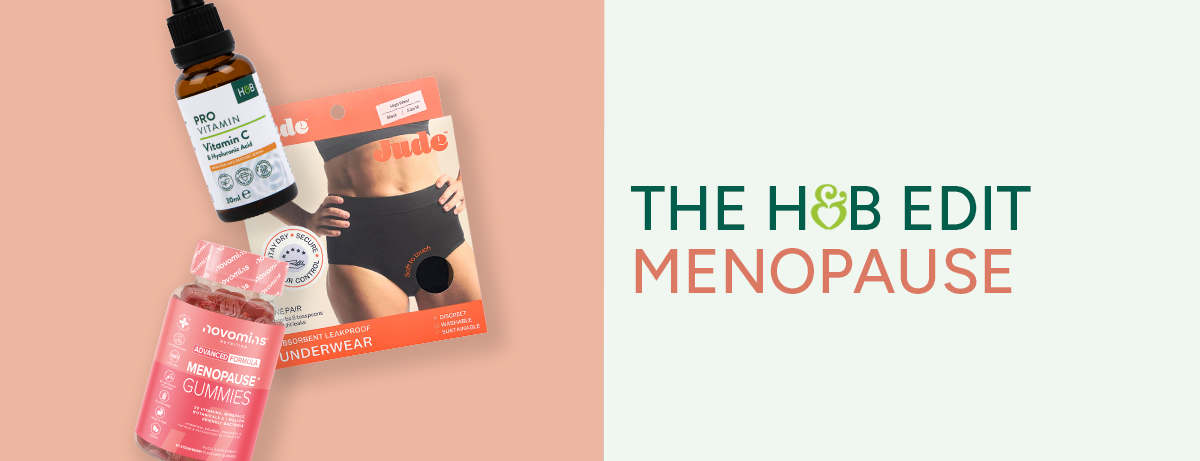Selection of menopause products on a coral background