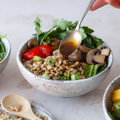 Mushroom and grain meal in a bowl