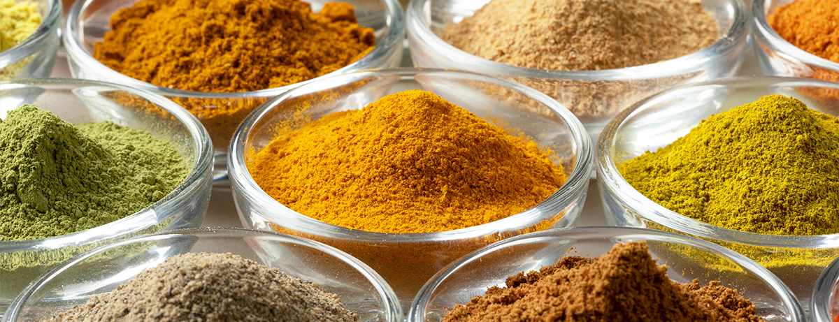 glass bowls of spices that support stress