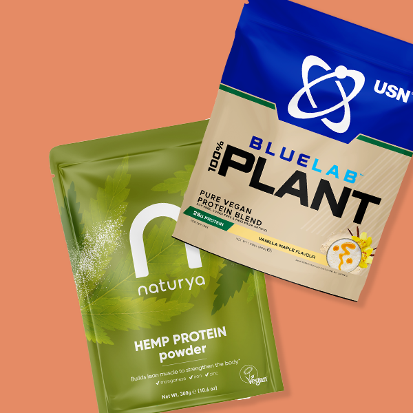 Protein powders on orange background