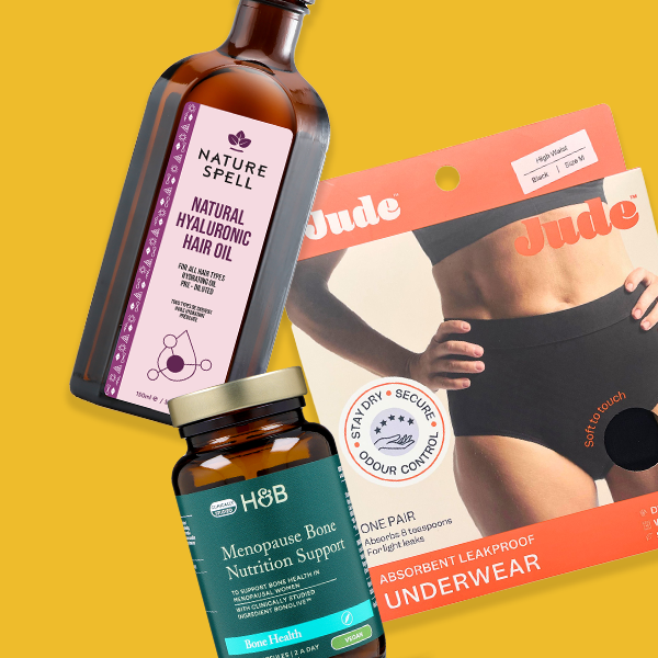 Selection of menopause products on yellow background