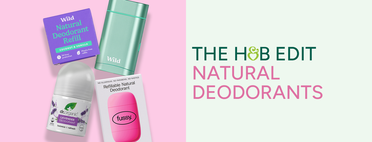 Selection of natural deodorant products on a pink background