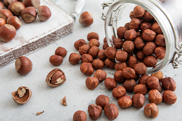 Raw healthy organic hazelnut nuts snack in glass jar on white kitchen table.