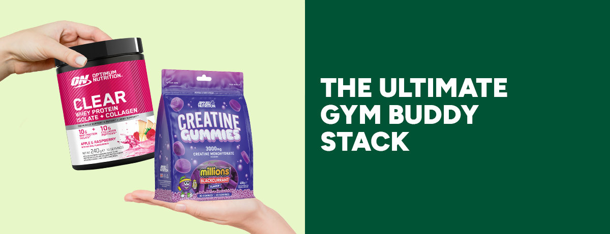 The ultimate gym buddy stacks. Gym products on green background