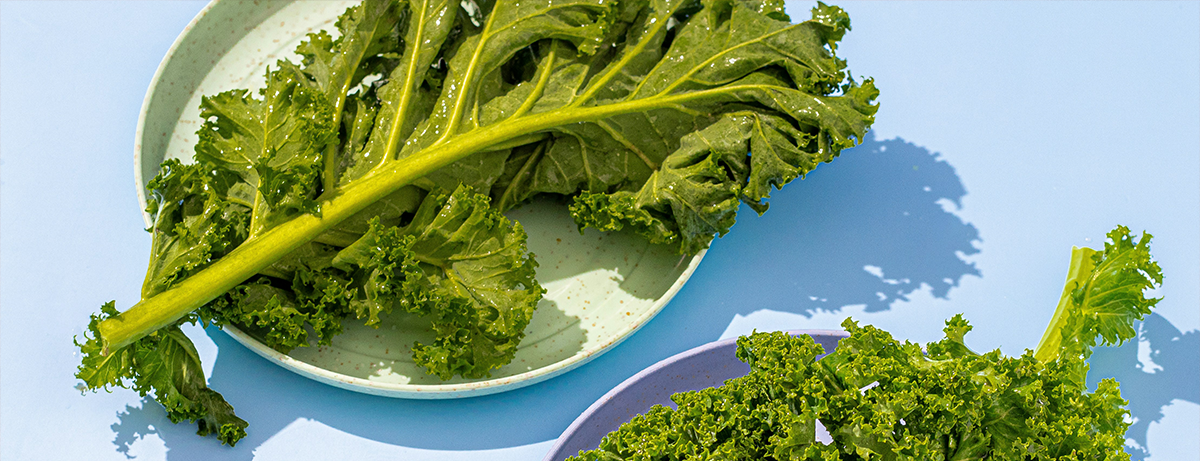 Portion of kale and brocoli on a blue background
