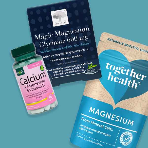 Selection of magnesium products on a blue background.