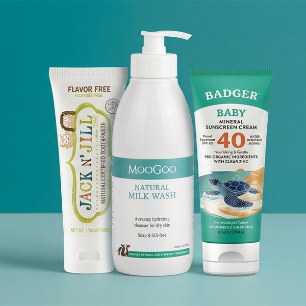 Selection of baby products on a blue background