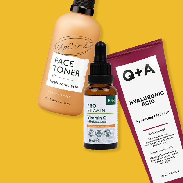 hyaluronic acid products on yellow background