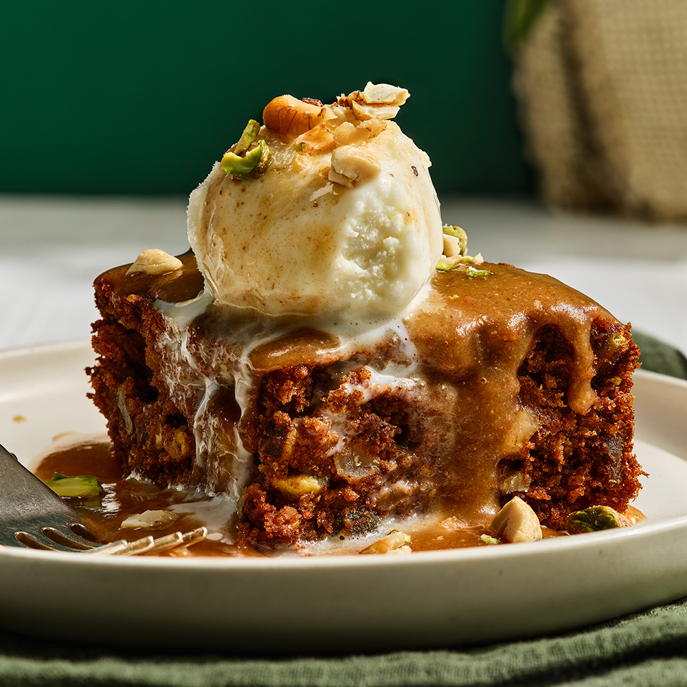 sticky toffee pudding with pistachio crumb