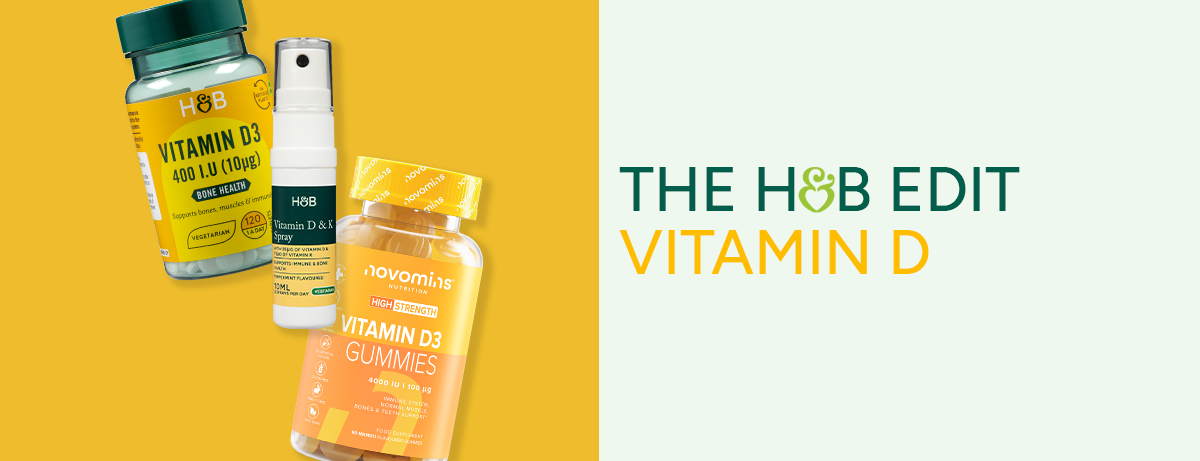 Selection of vitamin d products on yellow background