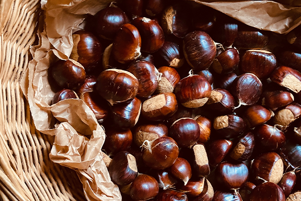 Basket of fresh chestnuts from above
