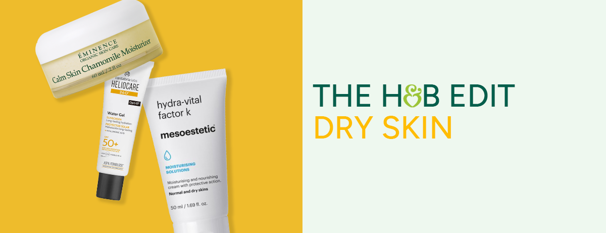 Selection of H&B products for dry skin on yellow background
