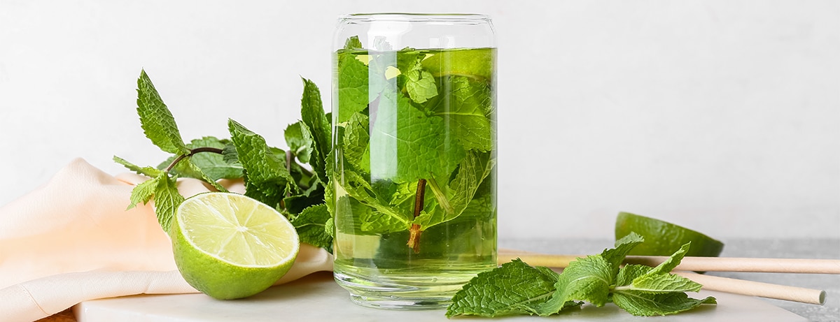 Glass of peppermint tea on kitchen surface