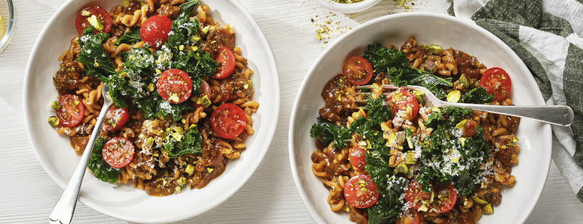 date night pasta with pistachio and kale