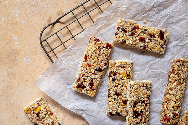 Fibre cereal bars cooling on a baking tray