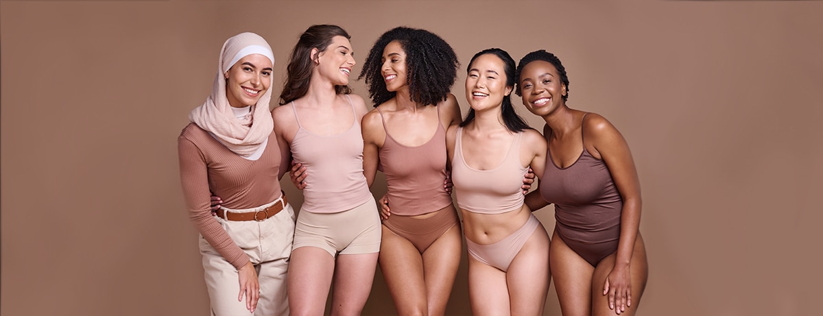 Diversity, women and studio beauty for self love, support of global community and healthy skincare, cosmetics and race group. Happy female models celebrate body positivity, inclusion and solidarity