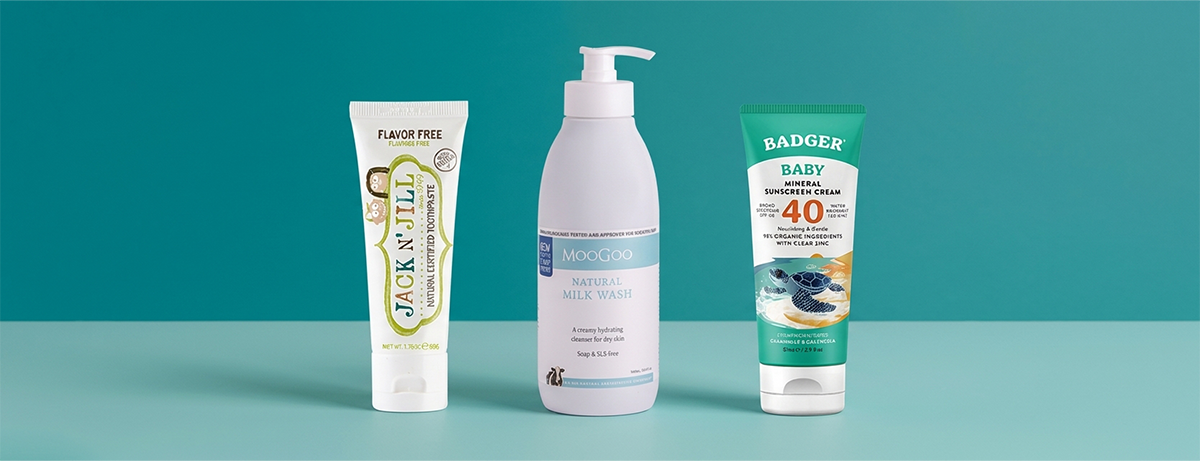Selection of baby products on a blue background