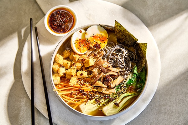 Vegetable ramen in a white bowl