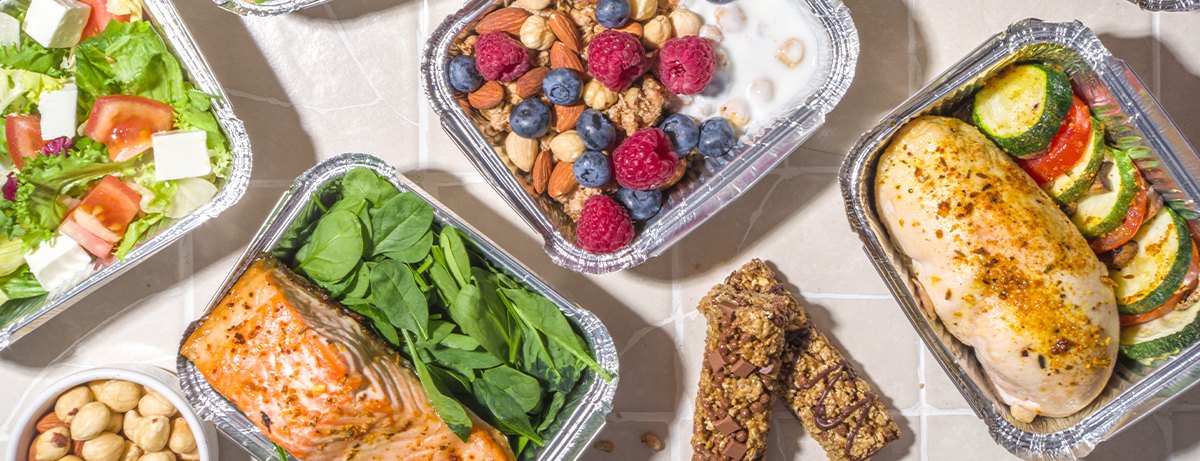 Healthy catering menu, courier food delivery lunch boxes. Beef steak meat, chicken filet , fish and vegetables in packages. Daily meal diet plan delivery , take away containers, online order concept