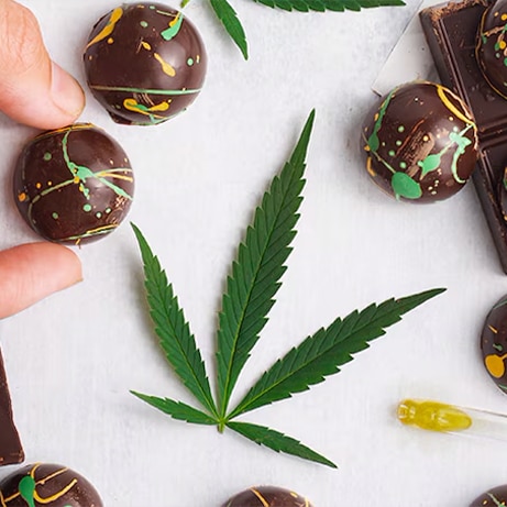 hemp leaf and cbd oil displayed with chocolate, presenting best products with cbd