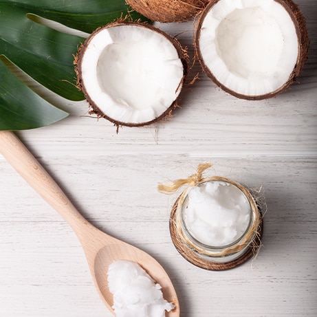 Still life of two coconuts, one of them cut in half, with a jar of coconut oil and a wooden spoon