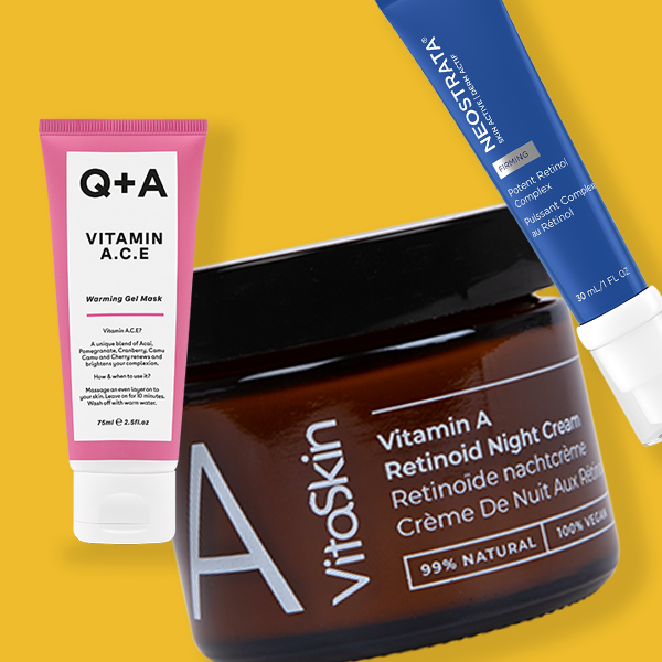Selection of retinol products on yellow background