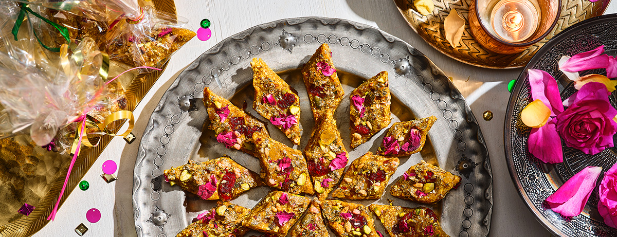 date and cashew bharfi inspired bites on a gifting plate