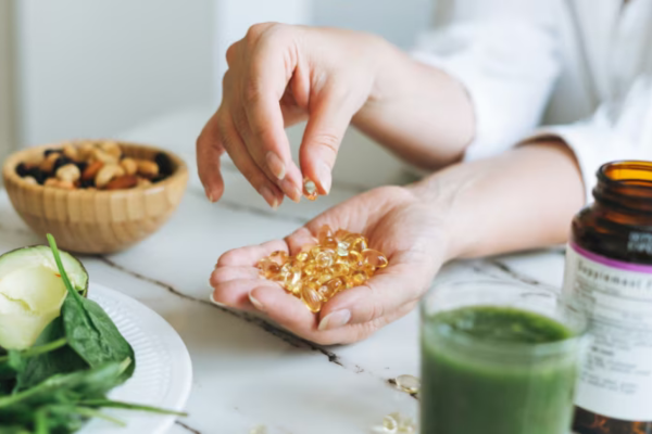 lady holding a handful of omega 3 supplements over a table of salad, nuts, green juice and a bottle of supplements