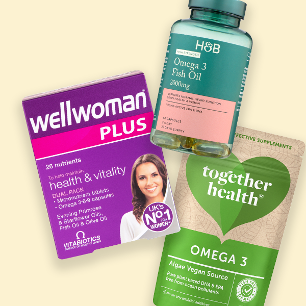 Selection of Omega-3 products on a yellow background