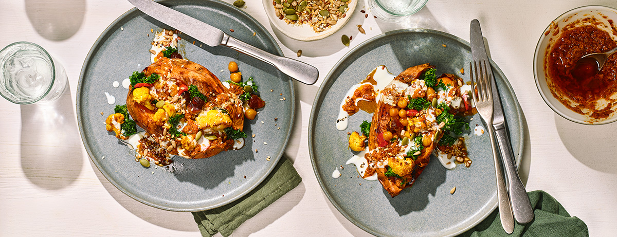 Loaded sweet potato on a serving plate