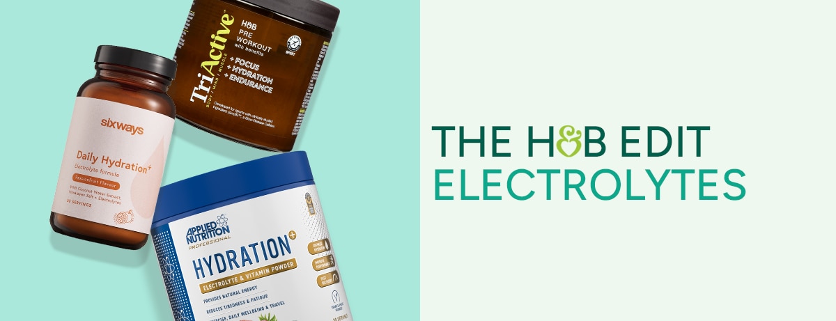 Electrolyte products scattered on a blue background