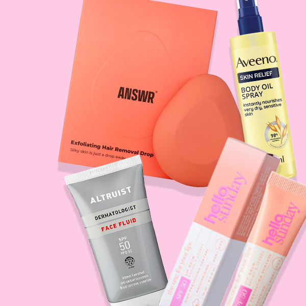 Selection of new in beauty products sitting on pink podiums