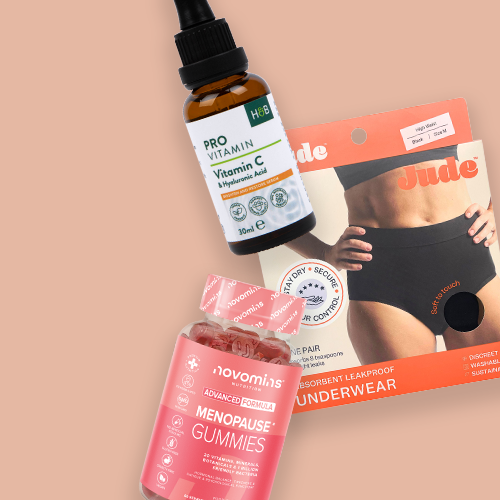 Selection of menopause products on a coral background