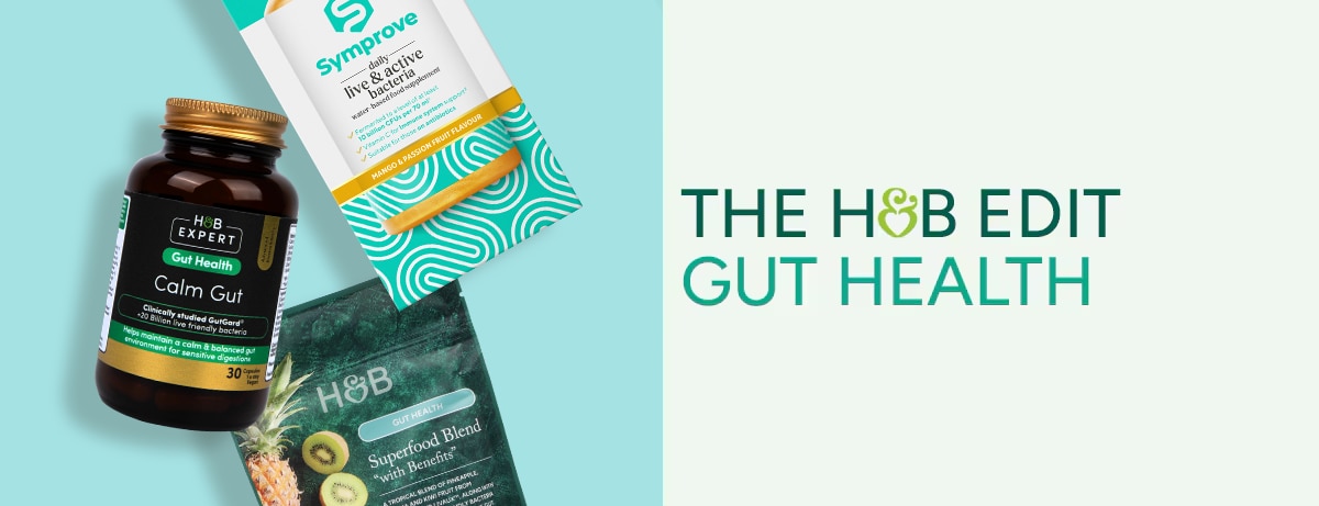 Gut health products scattered on a blue background