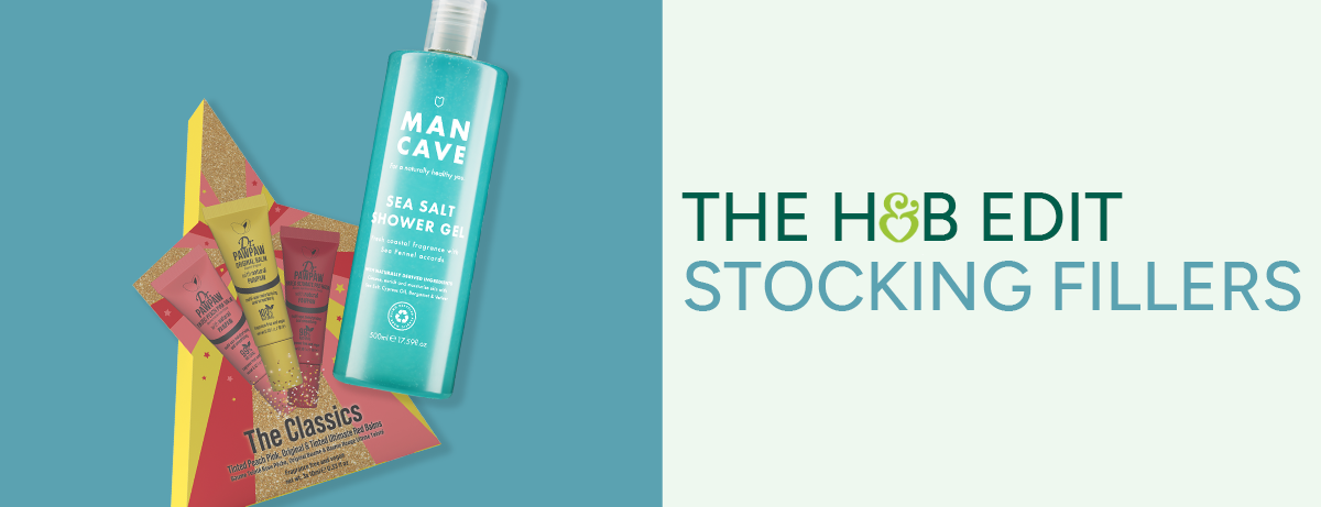 H&B products on a blue background