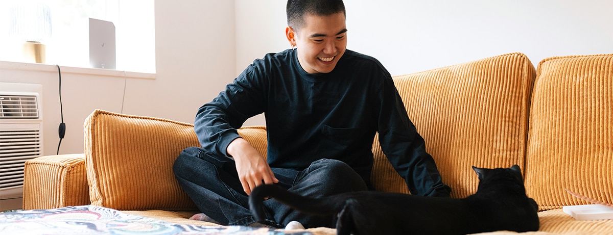 Male sitting on yellow sofa with black cat