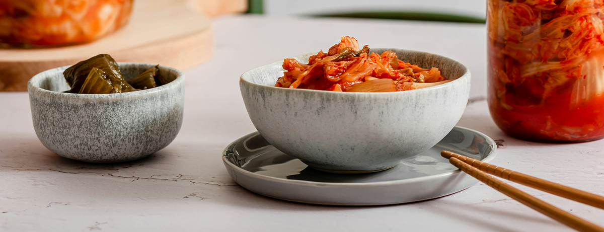 Bowl of fermented foods on worktop