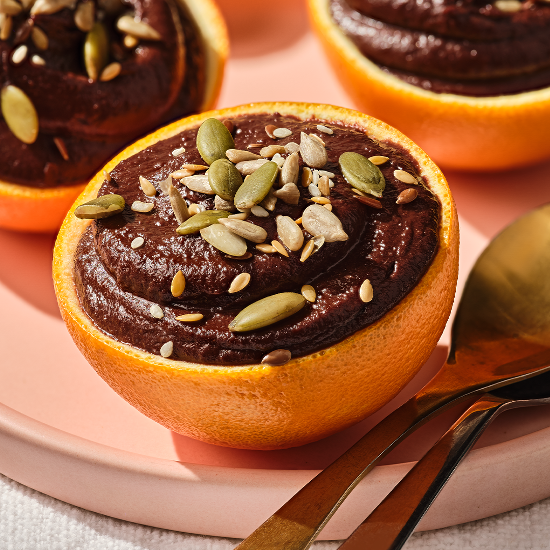 chocolate orange mousse in an orange slice