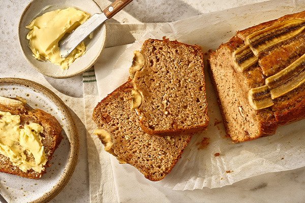 Sliced banana bread on baking paper