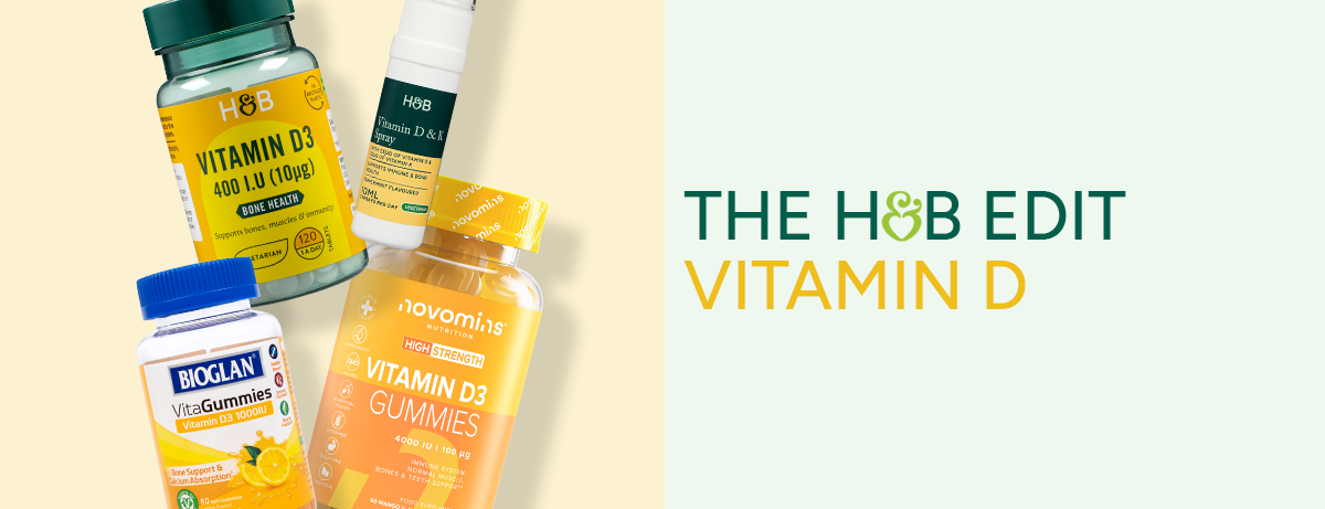 Selection of vitamin d products on yellow background