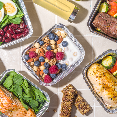 Healthy catering menu, courier food delivery lunch boxes. Beef steak meat, chicken filet , fish and vegetables in packages. Daily meal diet plan delivery , take away containers, online order concept