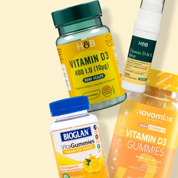 Selection of vitamin d products on yellow background