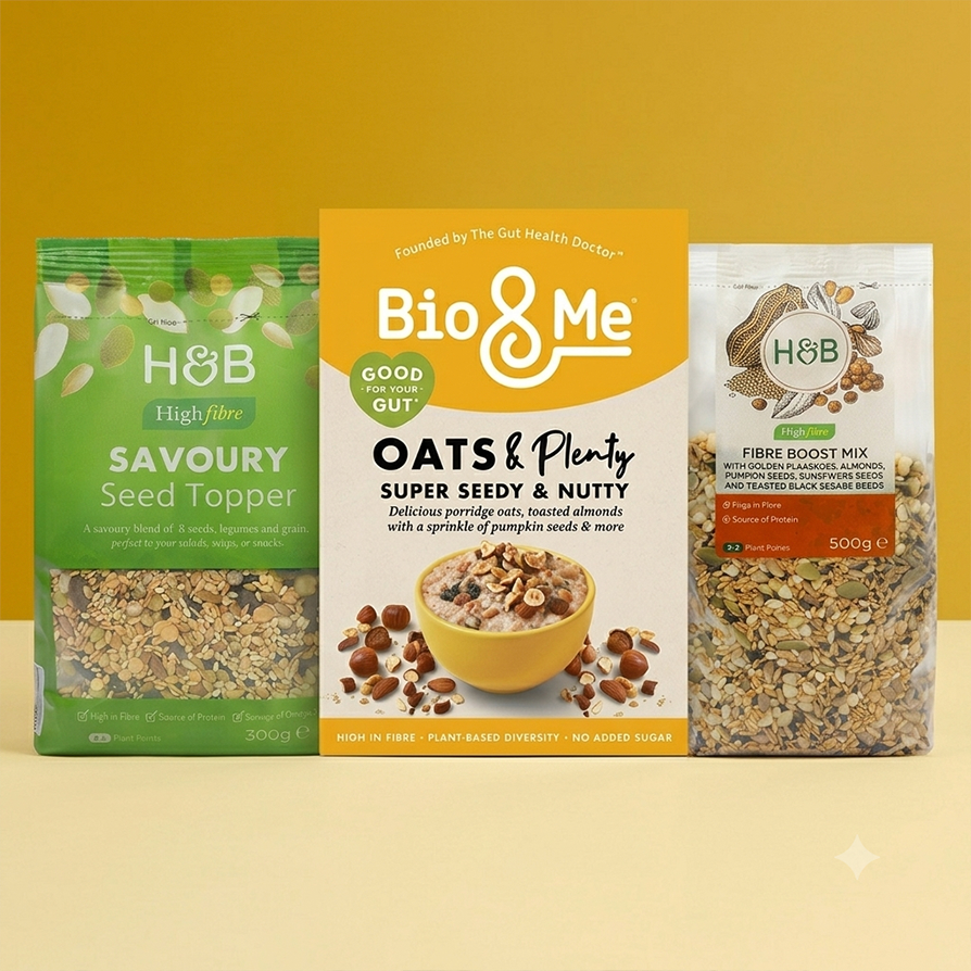 Selection of fibre snacks on yellow background