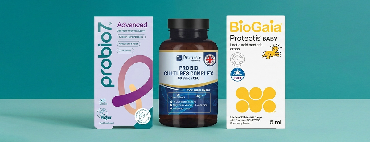 Selection of gut health supplements on blue background