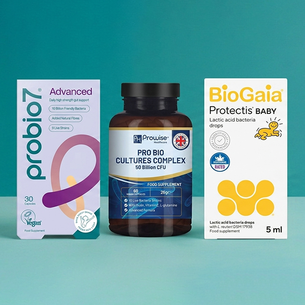 Selection of gut health supplements on blue background